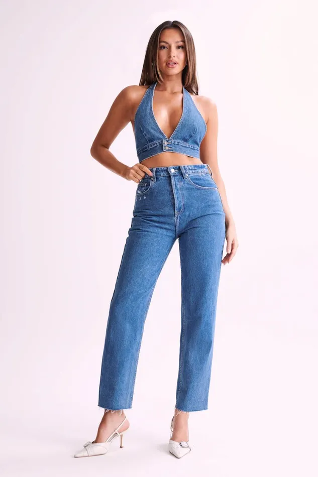 Women Meshki Tops KellyAnne Denim Halter Top 8211 70039S Blue