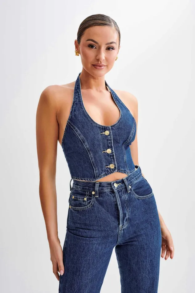 Women Meshki Tops Kieryn Denim Vest 8211 Dark Blue