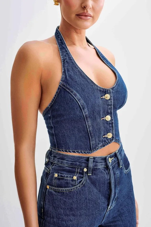 Women Meshki Tops Kieryn Denim Vest 8211 Dark Blue