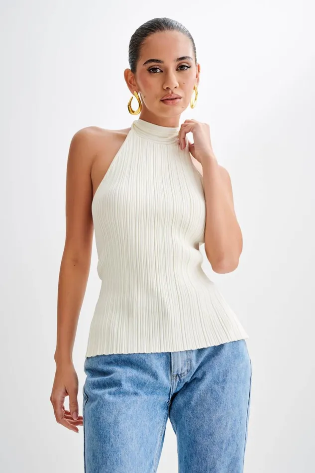 Women Meshki Tops Laila Longline Halter Rib Knit Top 8211 Ivory Marle