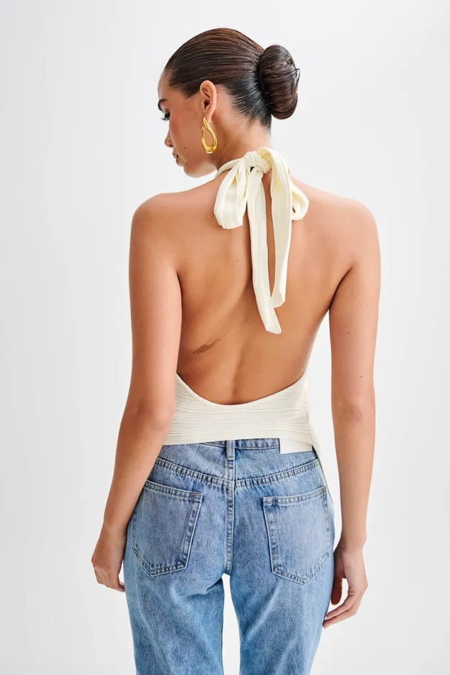 Women Meshki Tops Laila Longline Halter Rib Knit Top 8211 Ivory Marle