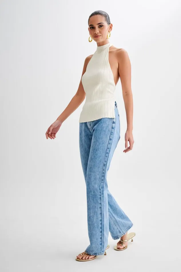 Women Meshki Tops Laila Longline Halter Rib Knit Top 8211 Ivory Marle