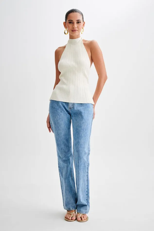 Women Meshki Tops Laila Longline Halter Rib Knit Top 8211 Ivory Marle