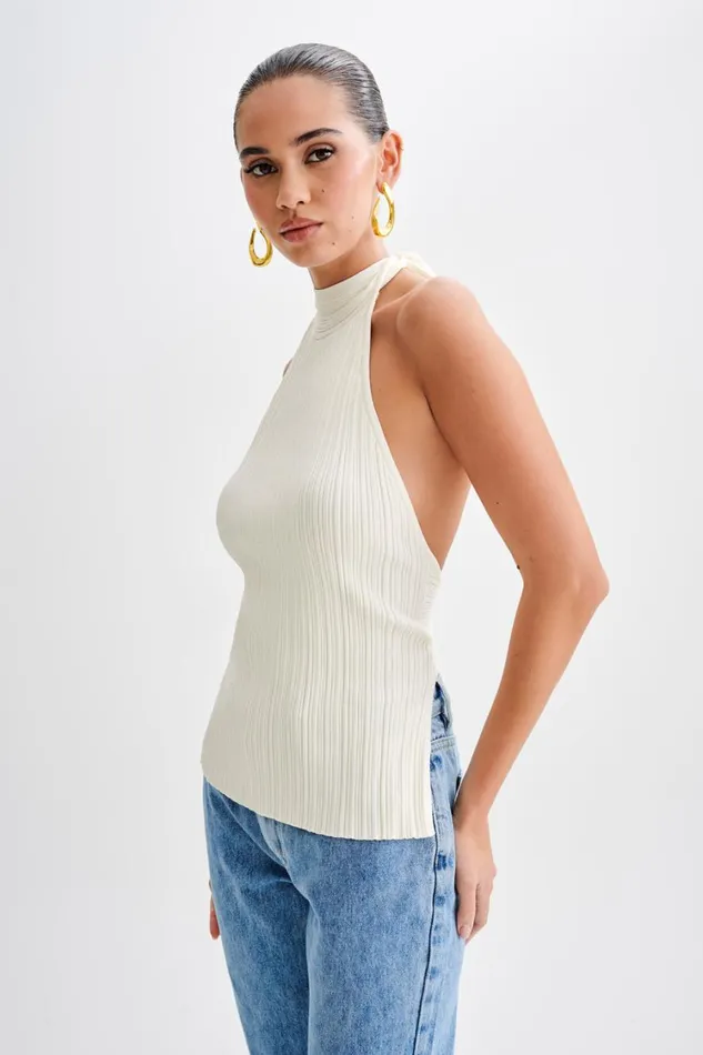 Women Meshki Tops Laila Longline Halter Rib Knit Top 8211 Ivory Marle