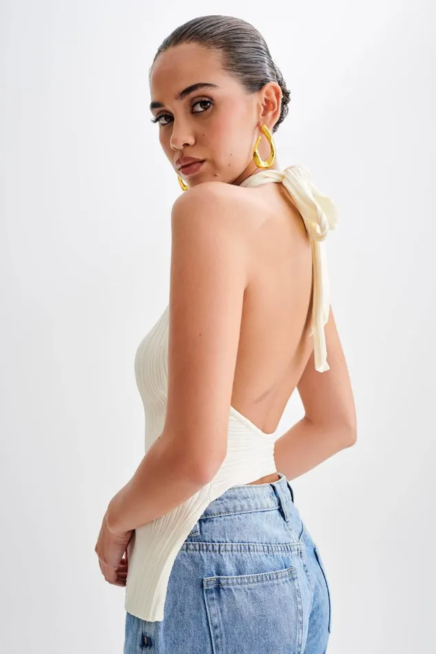 Women Meshki Tops Laila Longline Halter Rib Knit Top 8211 Ivory Marle