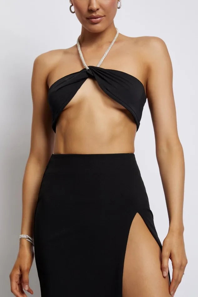Women Meshki Tops Lea Diamante Chain Halter Neck Crop Top 8211 Black
