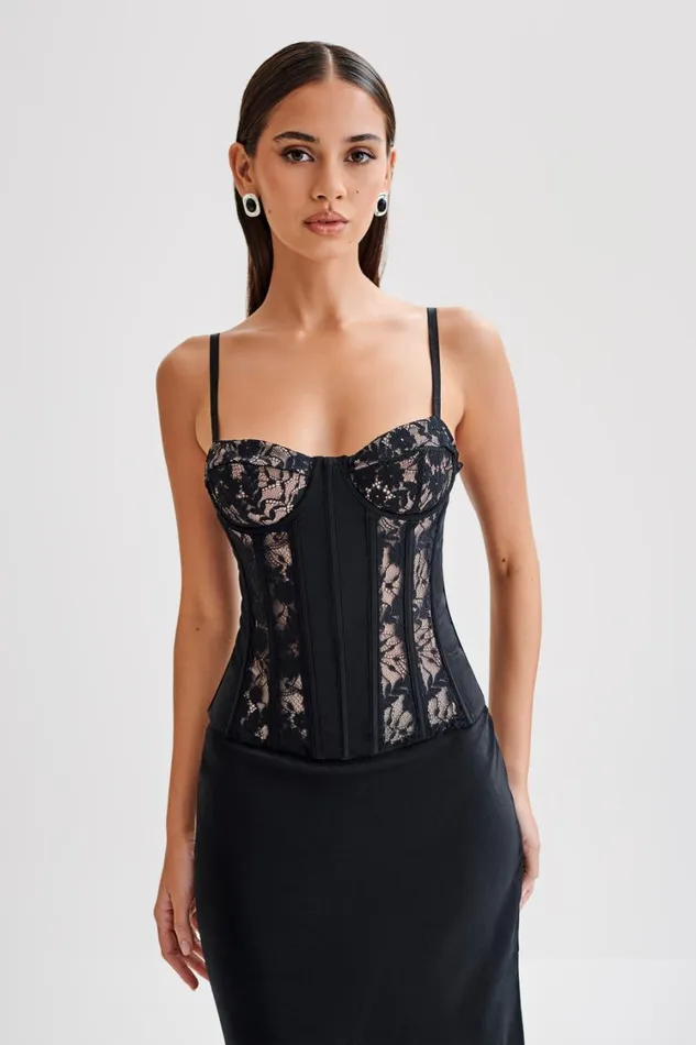 Women Meshki Tops Maryse Satin And Lace Corset Top 8211 Black