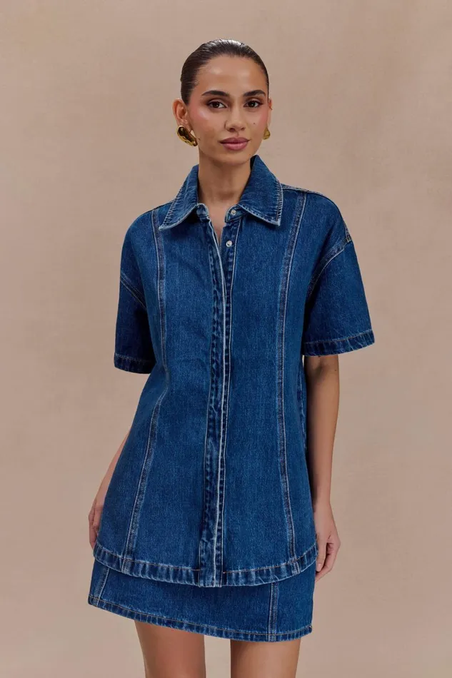 Women Meshki Tops Maya Oversized Denim Shirt 8211 Dark Blue