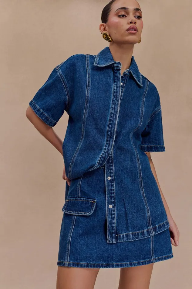 Women Meshki Tops Maya Oversized Denim Shirt 8211 Dark Blue