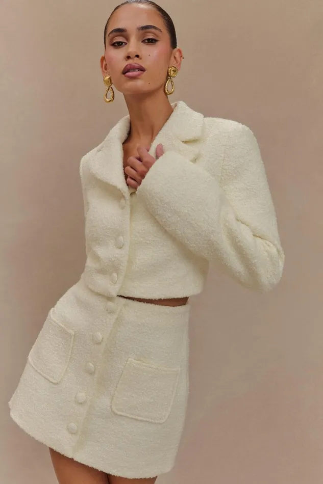 Women Meshki Tops Mirelle Textured Boucle Cropped Long Sleeve Top 8211 Ivory