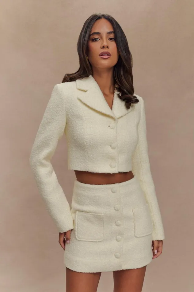 Women Meshki Tops Mirelle Textured Boucle Cropped Long Sleeve Top 8211 Ivory
