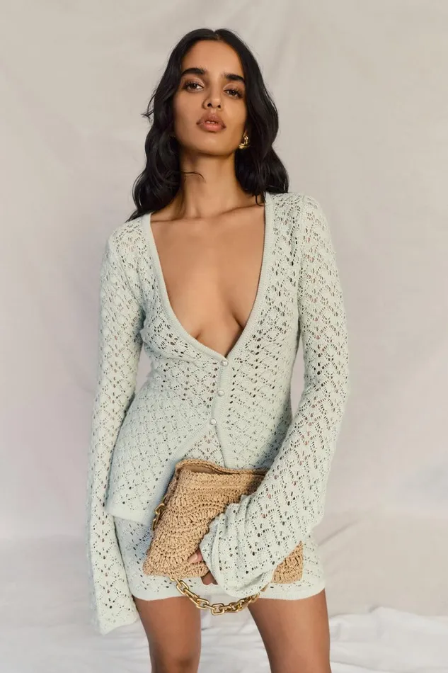 Women Meshki Tops Murphy Long Sleeve Knit Shell Button Cardigan 8211 Pastel Green