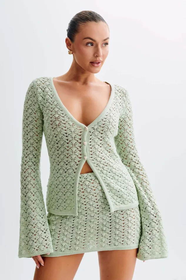 Women Meshki Tops Murphy Long Sleeve Knit Shell Button Cardigan 8211 Pastel Green