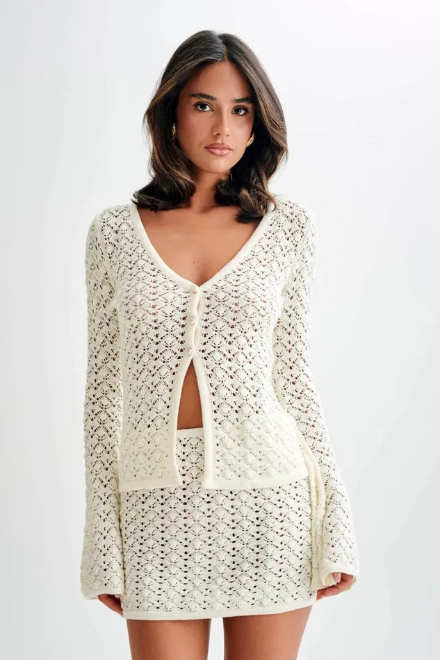 Women Meshki Tops Murphy Long Sleeve Knit Shell Button Cardigan 8211 White