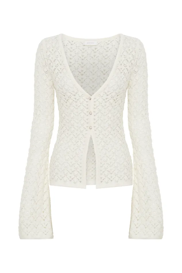 Women Meshki Tops Murphy Long Sleeve Knit Shell Button Cardigan 8211 White