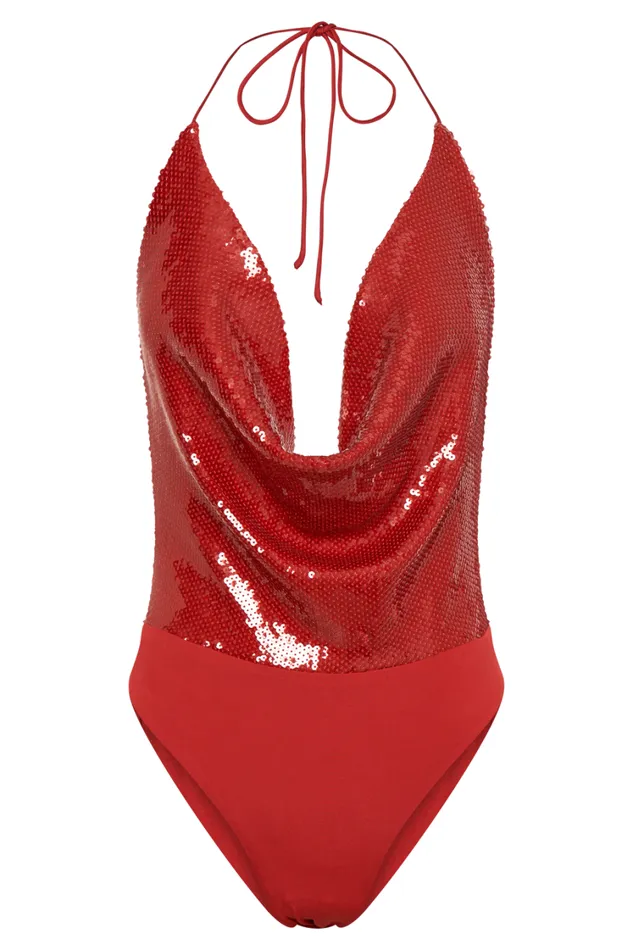 Women Meshki Tops Nathalie Sequin Cowl Bodysuit 8211 Red