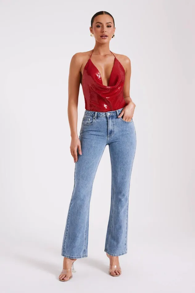 Women Meshki Tops Nathalie Sequin Cowl Bodysuit 8211 Red