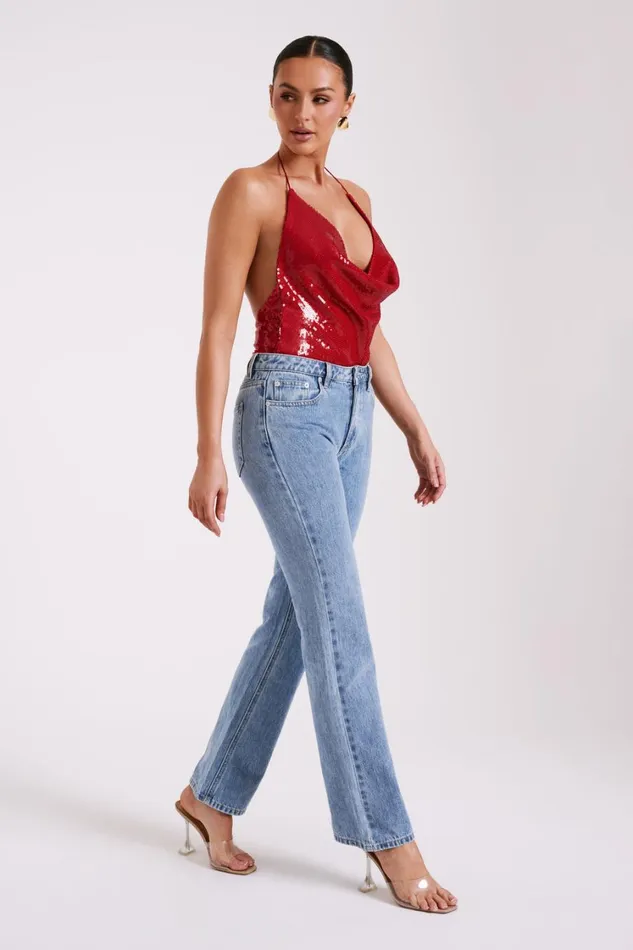 Women Meshki Tops Nathalie Sequin Cowl Bodysuit 8211 Red