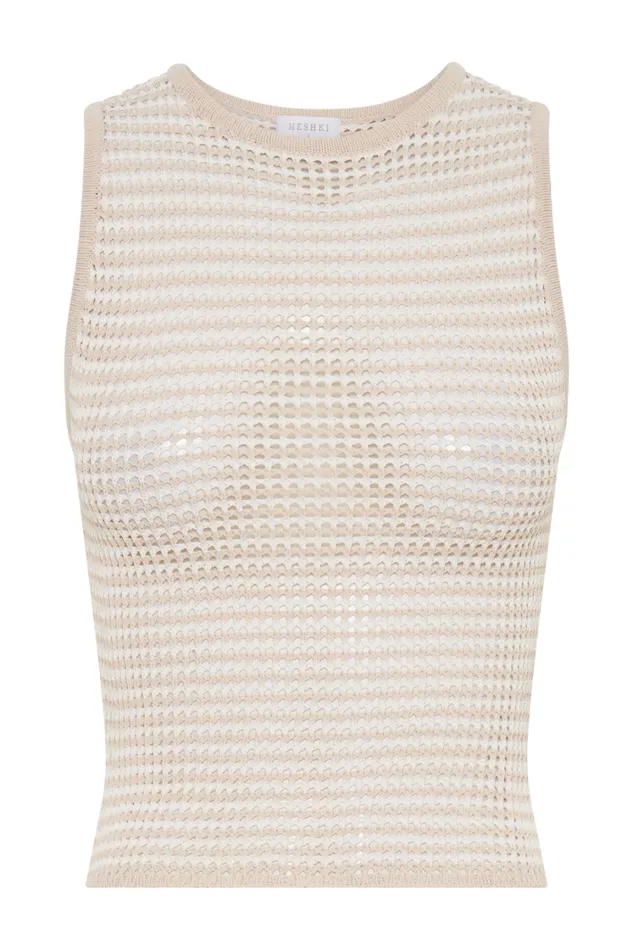 Women Meshki Tops Omarosa Stripe Knit Tank Top 8211 TanWhite