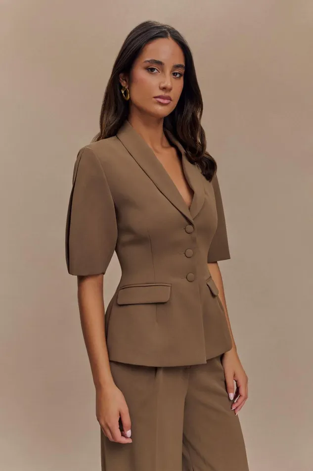 Women Meshki Tops Opal Puff Sleeve Suiting Top 8211 Cacao Brown