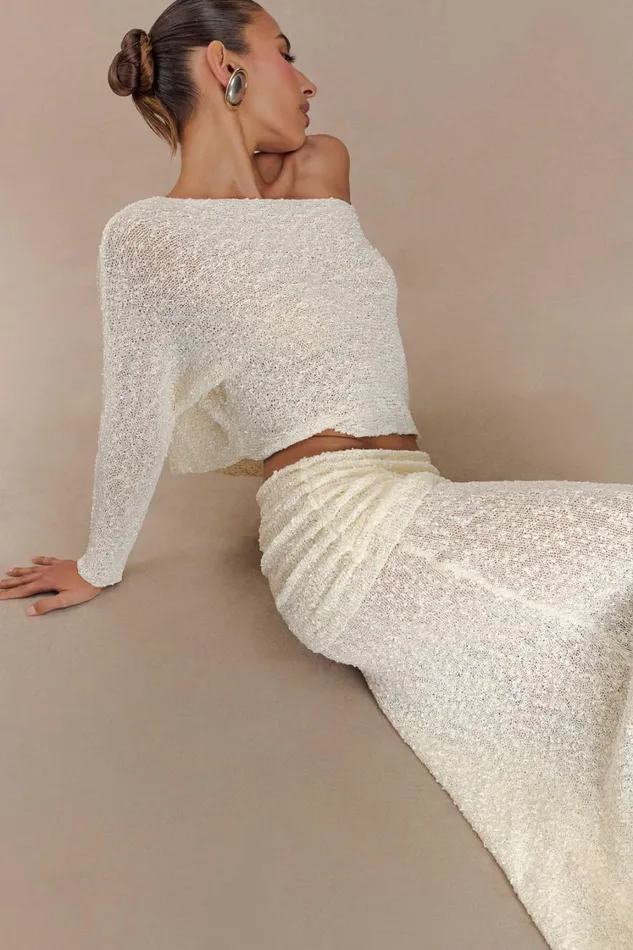 Women Meshki Tops Petra Long Sleeve Knit Crop Top 8211 Ivory