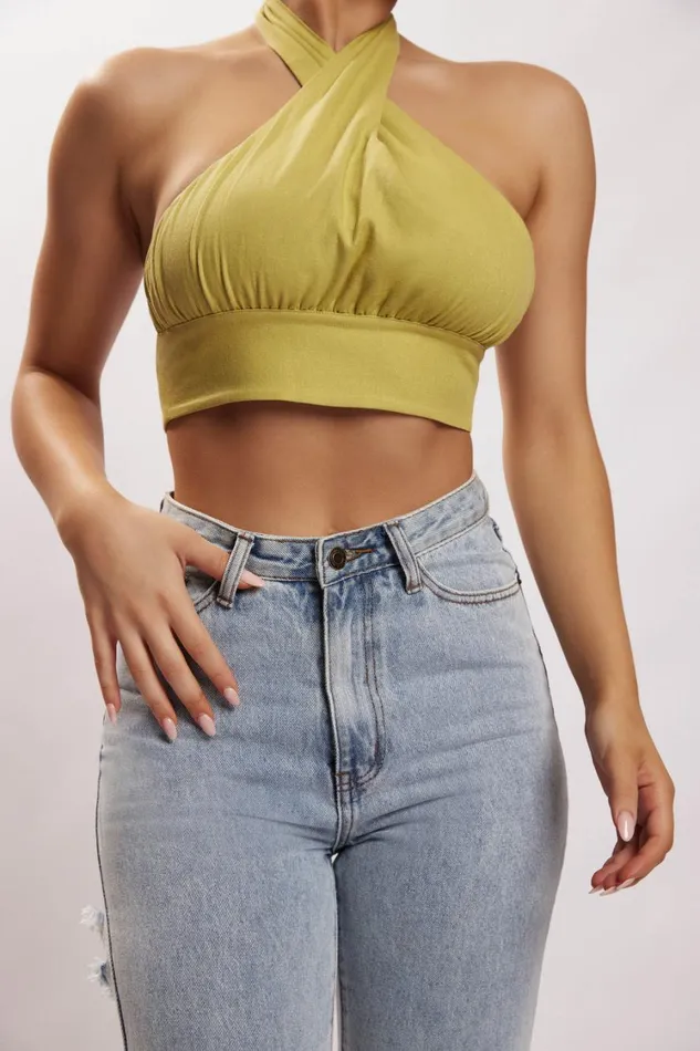 Women Meshki Tops Piper Halter Neck Linen Crop Top 8211 Apple