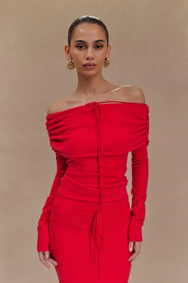 Women Meshki Tops Polly Off Shoulder Long Sleeve Knit Top 8211 Red
