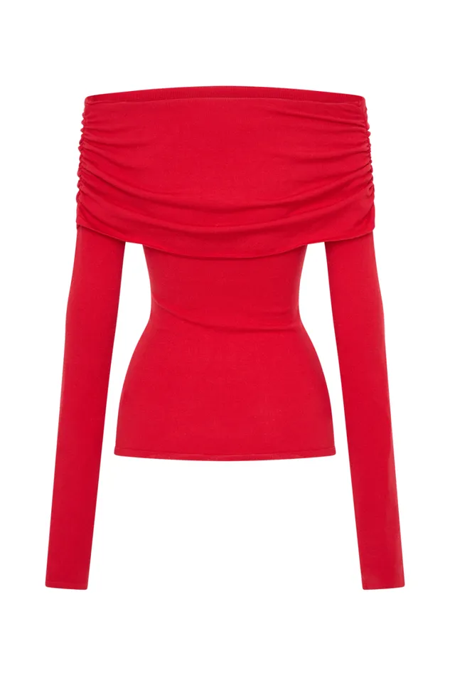 Women Meshki Tops Polly Off Shoulder Long Sleeve Knit Top 8211 Red