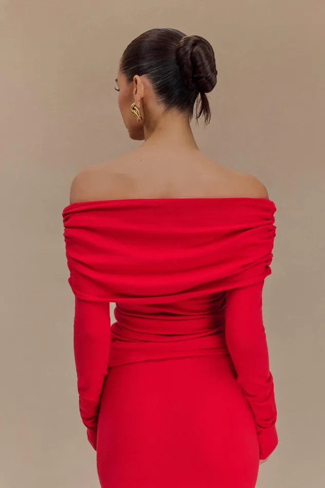 Women Meshki Tops Polly Off Shoulder Long Sleeve Knit Top 8211 Red