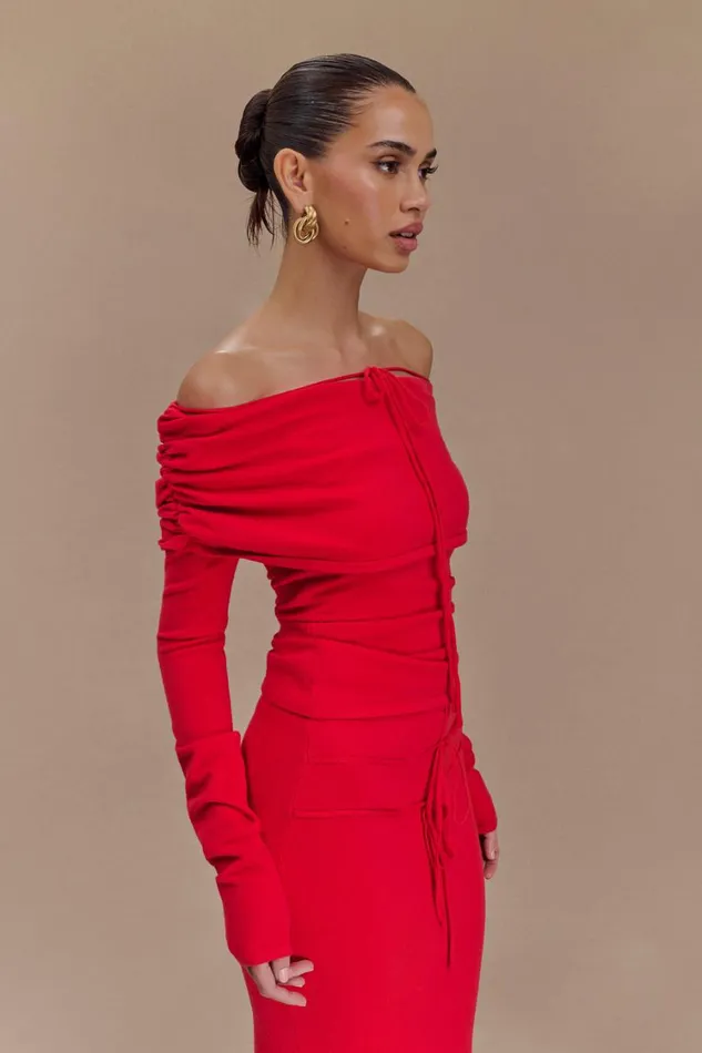 Women Meshki Tops Polly Off Shoulder Long Sleeve Knit Top 8211 Red