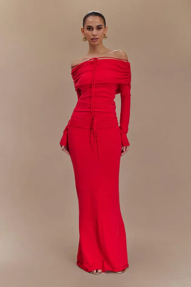Women Meshki Tops Polly Off Shoulder Long Sleeve Knit Top 8211 Red