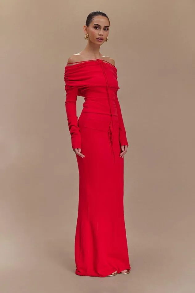 Women Meshki Tops Polly Off Shoulder Long Sleeve Knit Top 8211 Red