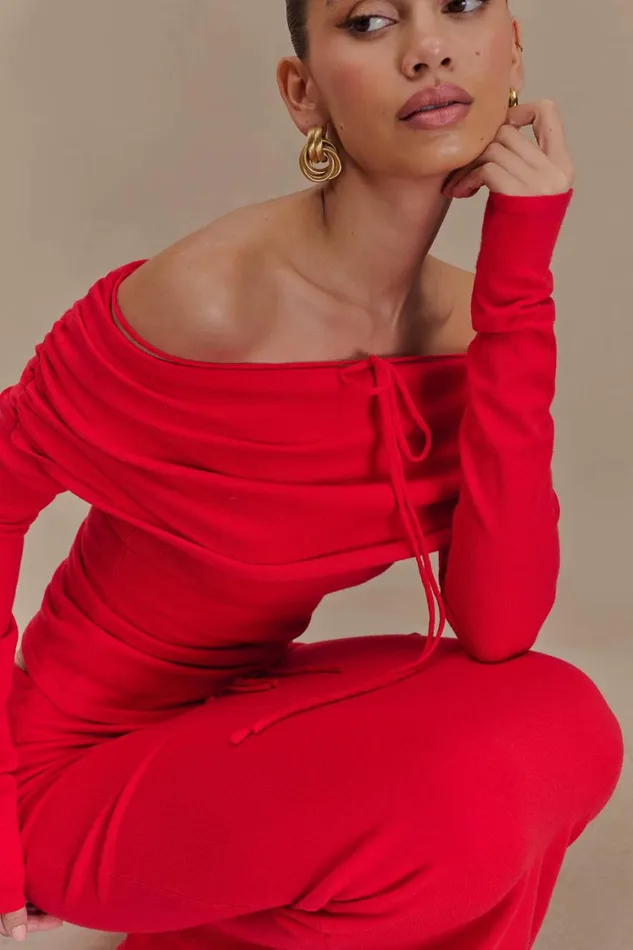 Women Meshki Tops Polly Off Shoulder Long Sleeve Knit Top 8211 Red