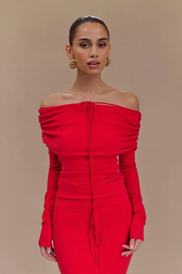 Women Meshki Tops Polly Off Shoulder Long Sleeve Knit Top 8211 Red