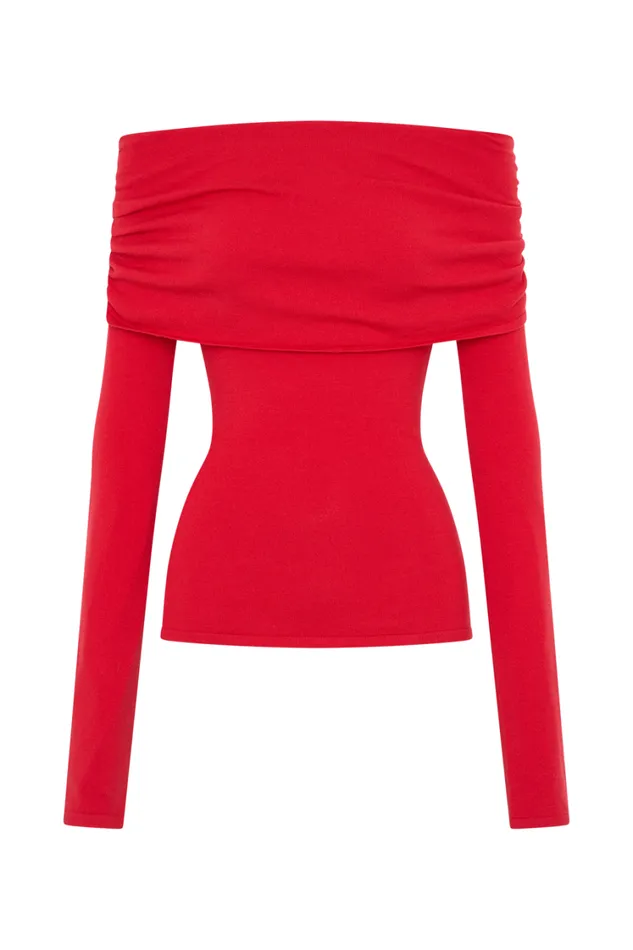 Women Meshki Tops Polly Off Shoulder Long Sleeve Knit Top 8211 Red