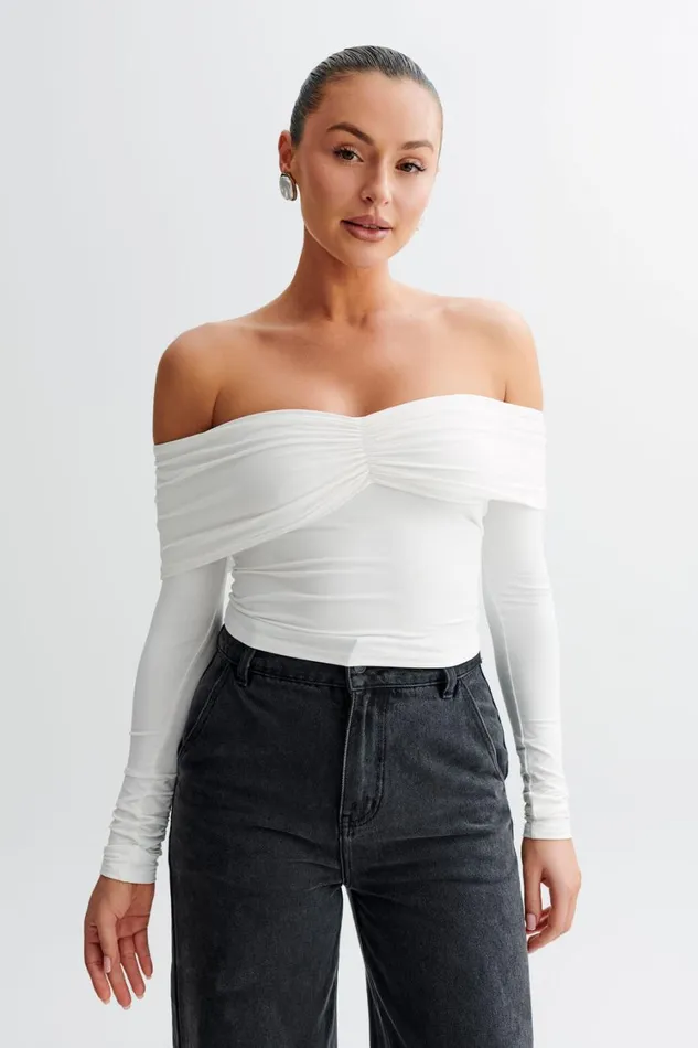 Women Meshki Tops Prue Ruched Off Shoulder Long Sleeve Top 8211 White