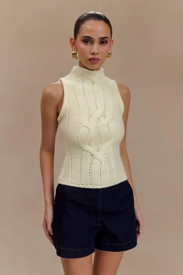 Women Meshki Tops Roberta High Neck Cable Knit Top 8211 Ivory