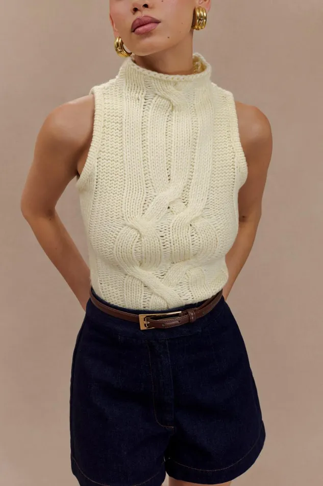 Women Meshki Tops Roberta High Neck Cable Knit Top 8211 Ivory