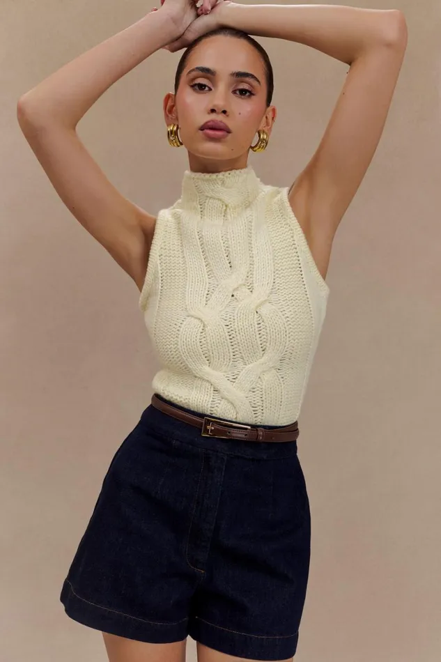Women Meshki Tops Roberta High Neck Cable Knit Top 8211 Ivory
