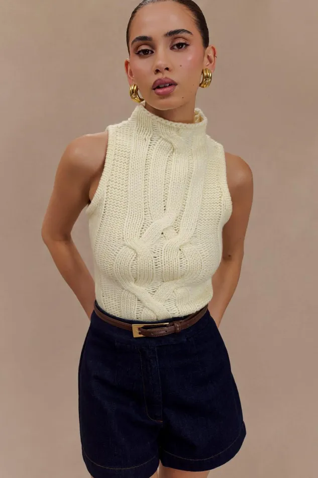 Women Meshki Tops Roberta High Neck Cable Knit Top 8211 Ivory