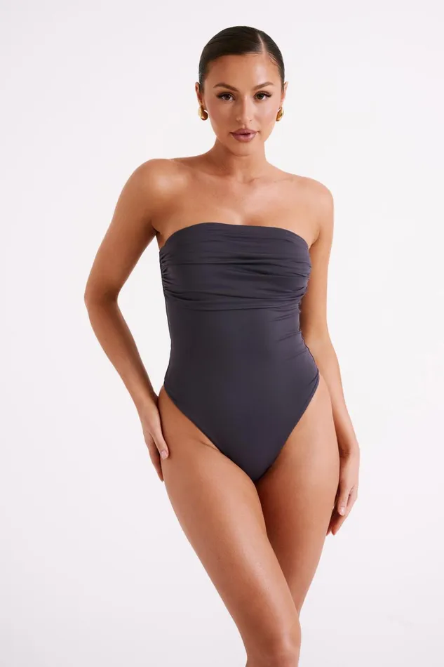 Women Meshki Tops Romina Recycled Nylon Ruched Bodysuit 8211 Charcoal