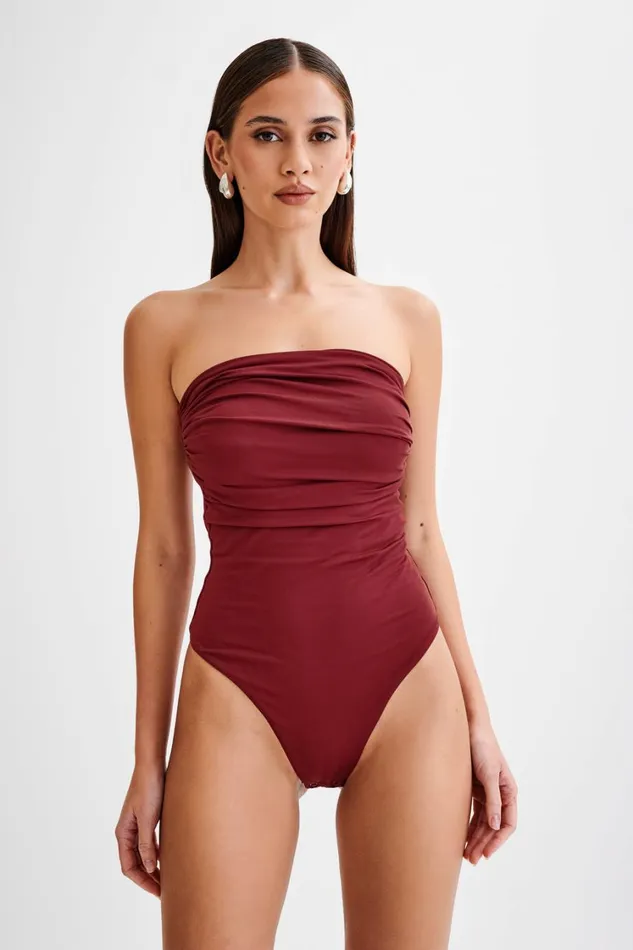 Women Meshki Tops Romina Recycled Nylon Ruched Bodysuit 8211 Wine