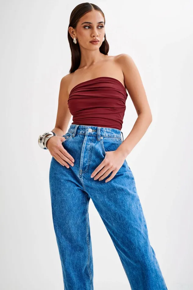 Women Meshki Tops Romina Recycled Nylon Ruched Bodysuit 8211 Wine