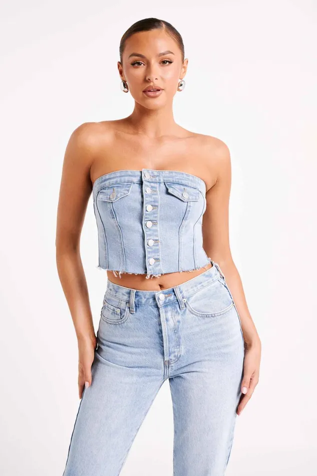 Women Meshki Tops Sandy Buttoned Denim Tube Top 8211 Mid Blue