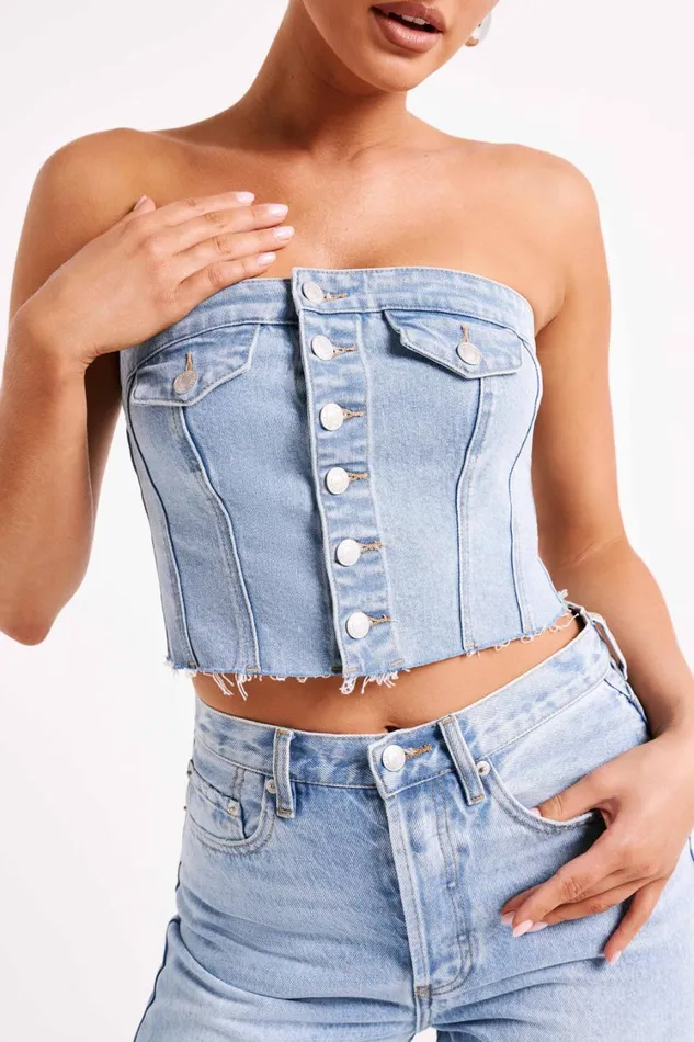 Women Meshki Tops Sandy Buttoned Denim Tube Top 8211 Mid Blue
