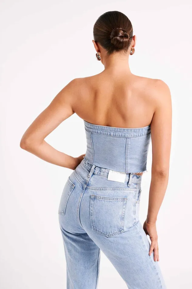 Women Meshki Tops Sandy Buttoned Denim Tube Top 8211 Mid Blue