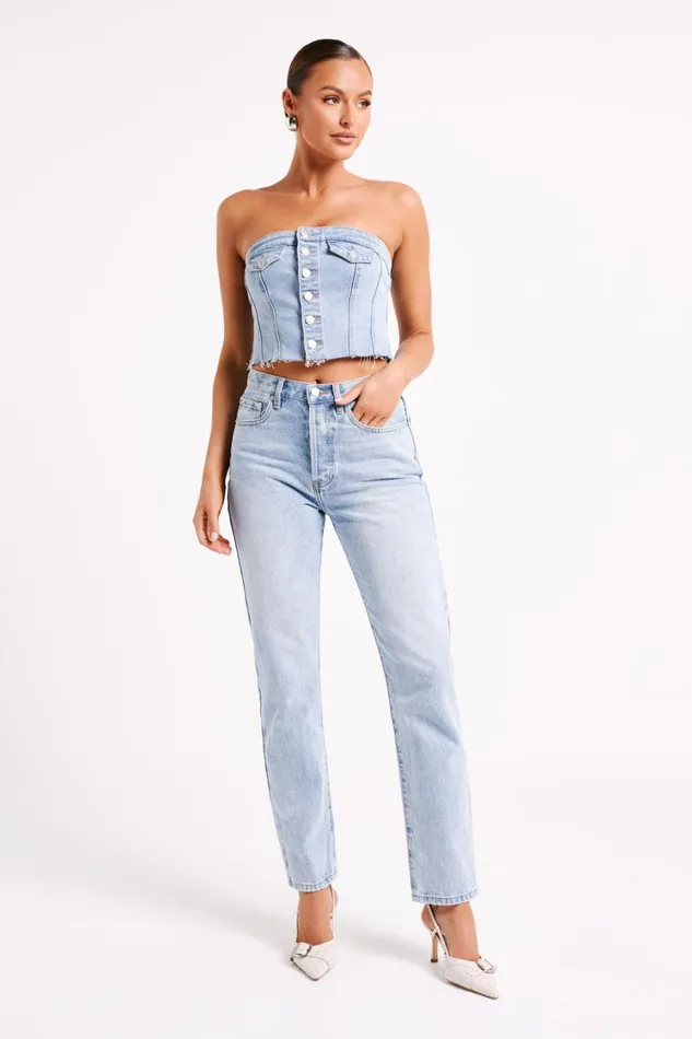 Women Meshki Tops Sandy Buttoned Denim Tube Top 8211 Mid Blue
