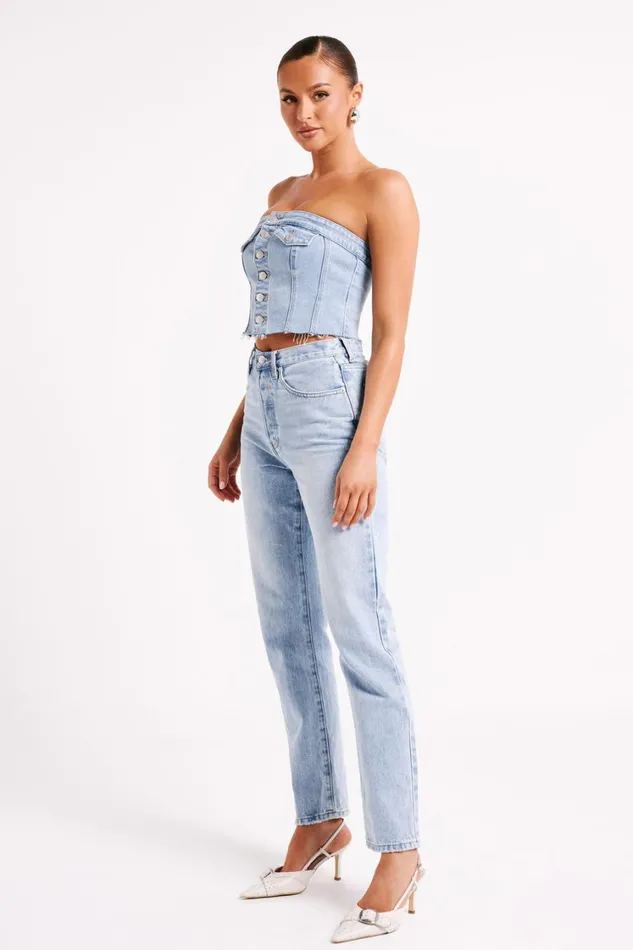 Women Meshki Tops Sandy Buttoned Denim Tube Top 8211 Mid Blue