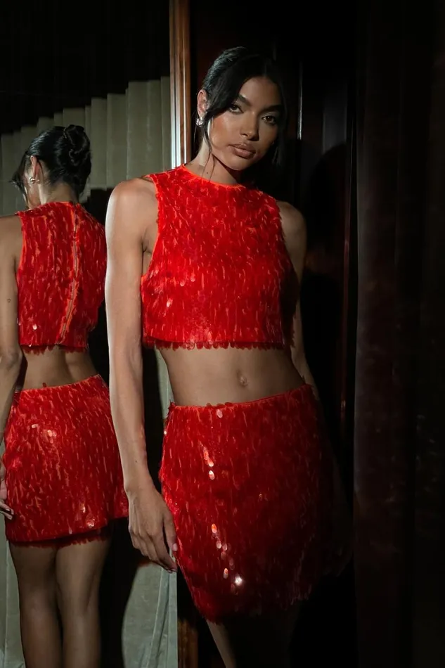 Women Meshki Tops Savannah Sequin Crop Top 8211 Firey Orange