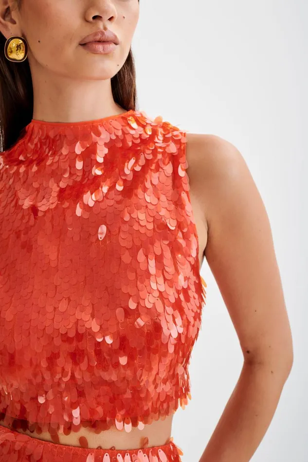 Women Meshki Tops Savannah Sequin Crop Top 8211 Firey Orange
